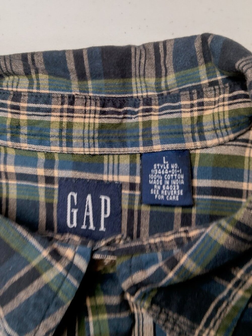 Vintage 1990s GAP Shirt Large Madras Plaid Green Blue Short Slv Grunge Preppy - Picture 4 of 10
